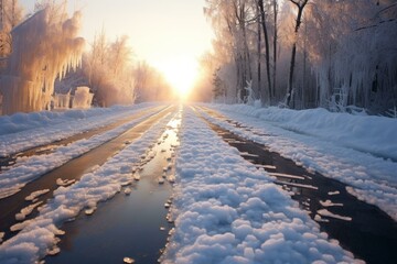 Road covered in melting snow during winter. Generative AI