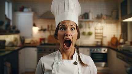 A female cook wearing a tall white cooking hat and apron stands with her mouth wide open. Scream and shout loudly - obrazy, fototapety, plakaty