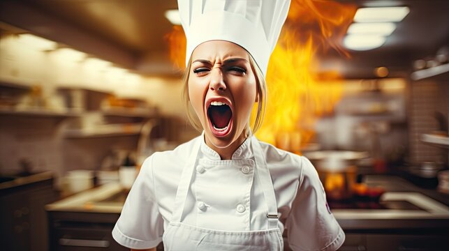 A female cook wearing a tall white cooking hat and apron stands with her mouth wide open. Scream and shout loudly