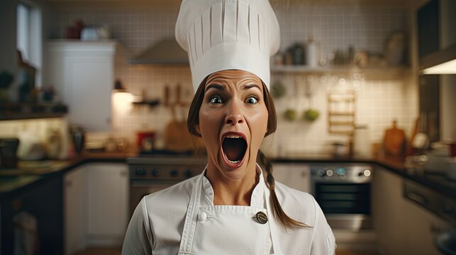 A female cook wearing a tall white cooking hat and apron stands with her mouth wide open. Scream and shout loudly