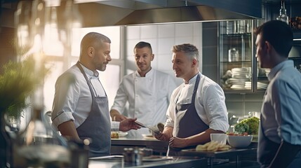 An adult chef stands by the kitchen table to talk with two employees and discuss the quality of the products - obrazy, fototapety, plakaty