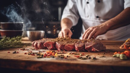 The chef adds seasonings with dried herbs and sprinkles them into the meat. Placed on a wooden...
