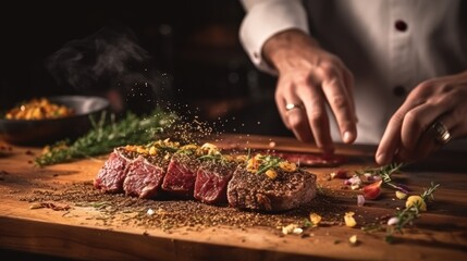 The chef adds seasonings with dried herbs and sprinkles them into the meat. Placed on a wooden board in a restaurant kitchen. - obrazy, fototapety, plakaty