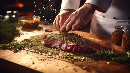The chef adds seasonings with dried herbs and sprinkles them into the meat. Placed on a wooden board in a restaurant kitchen.