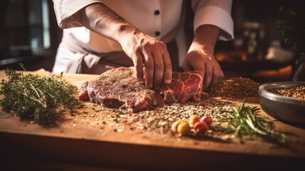 The chef adds seasonings with dried herbs and sprinkles them into the meat. Placed on a wooden board in a restaurant kitchen.