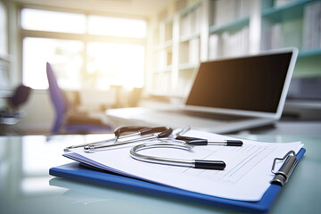 A stethoscope resting on a clipboard