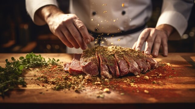 The chef adds seasonings with dried herbs and sprinkles them into the meat. Placed on a wooden board in a restaurant kitchen.