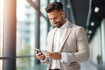 Obraz na płótnie Canvas A businessman in a suit using a tablet device