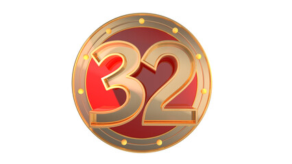 Gold 3d number 32 on round shape 