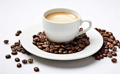 A cup of aromatic coffee surrounded by freshly roasted coffee beans