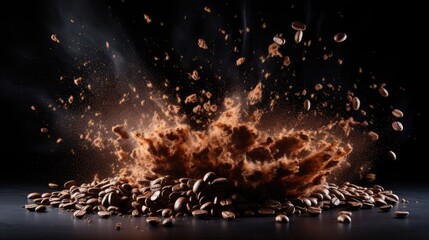 Explosion of ground coffee with roasted beans, black background.
