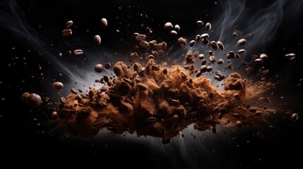 Explosion of ground coffee with roasted beans, black background.