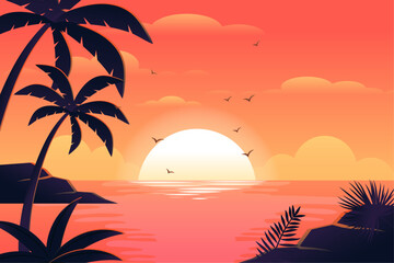 Fototapeta na wymiar gradient beach sunset sunrise with palm silhouette landscape background