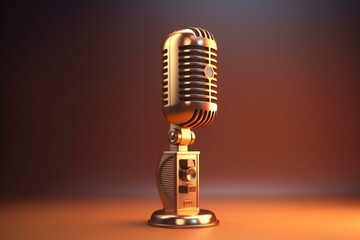 3D retro microphone on stand, music award template, karaoke sound equipment. Generative AI
