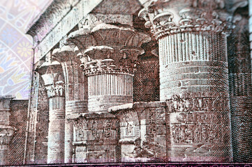 Details, closeup of Egyptian money banknotes of 50 LE fifty pounds features Abu Hurayba Mosque on obverse side and n image of temple of Edfu, winged scarab and a pharaonic boat on the reverse 2001 - obrazy, fototapety, plakaty
