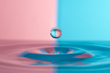Group of colorful water droplets fall and bounce on a water surface