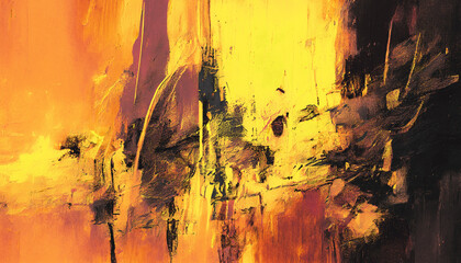 Abstract oil painting, gold yellow, pink, black brush strokes background, wallpaper, paint texture, bold art, expressive artwork, fine realistic detail, modern style, evoking vibrant emotions