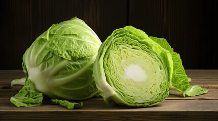 Fresh cut cabbage on a brown wooden plank background