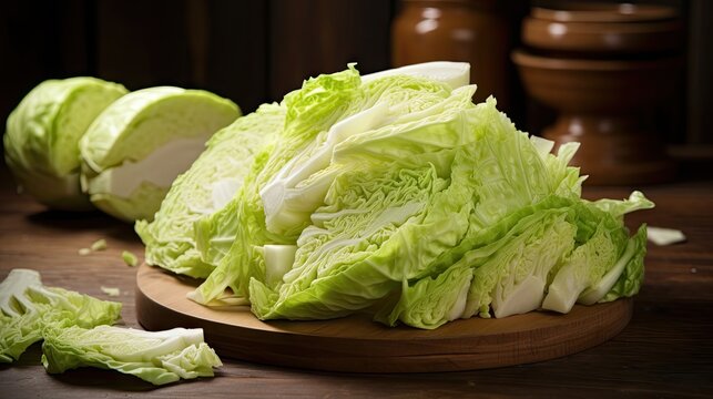 Fresh cut cabbage on a brown wooden plank background