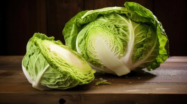 Fresh cut cabbage on a brown wooden plank background