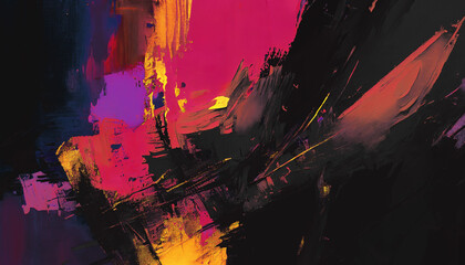 Abstract oil painting, gold yellow, pink, black brush strokes background, wallpaper, paint texture, bold art, expressive artwork, fine realistic detail, modern style, evoking vibrant emotions