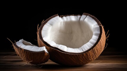 Half aromatic coconut placed on a classic wooden table with a black background