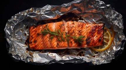 Grilled salmon steak in aluminum foil over hot charcoal grill, top view. - obrazy, fototapety, plakaty