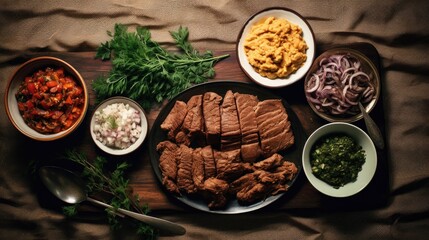 cooked astragalus meat with side dishes placed on the table