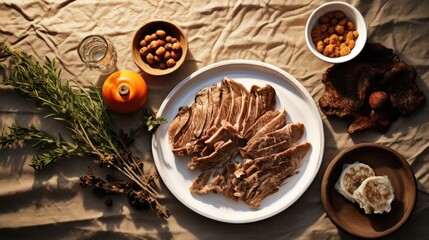 cooked astragalus meat with side dishes placed on the table