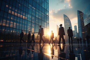 Motion blur photo of business people walking down a busy city street surrounded by towering skyscrapers created with Generative AI technology