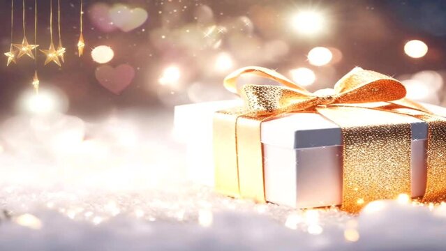 Luxury white Christmas and New Year gift box with gold bow on blurred twinkling lights background. Animation of celebration gift concept illustration.