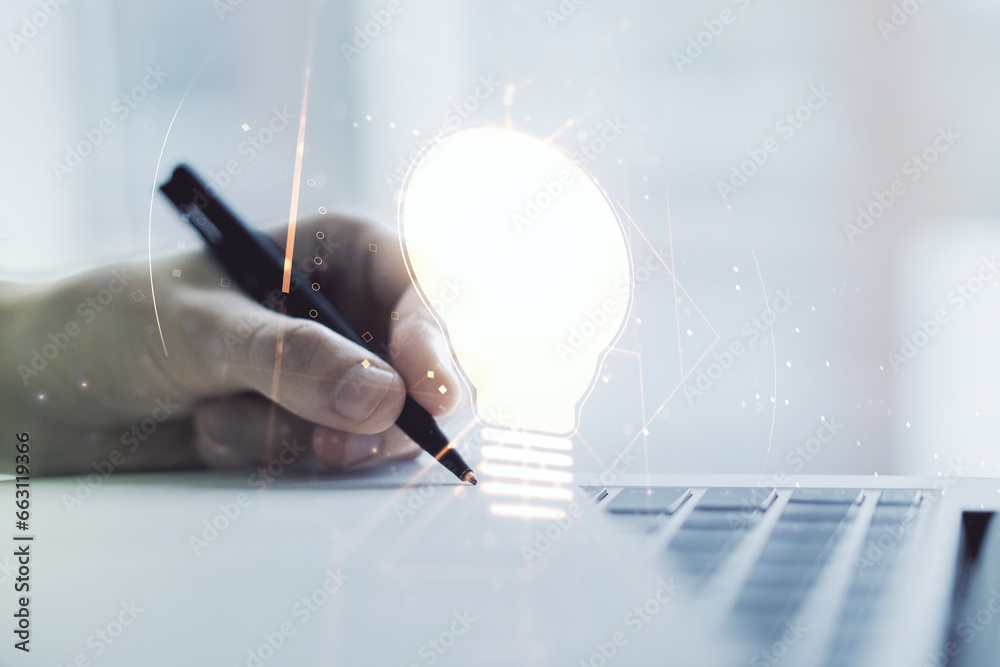 Poster Creative idea concept with light bulb illustration and hand writing in notebook on background with laptop. Multiexposure