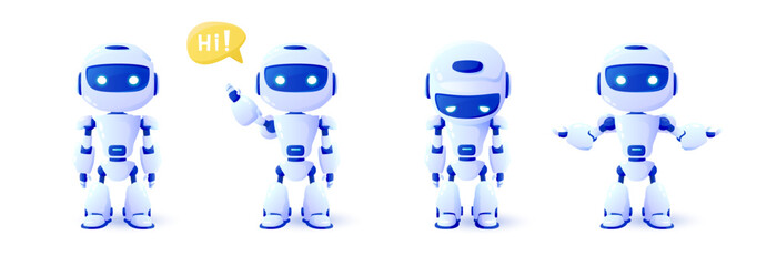 Set of 3d robots in different views. Online communication with artificial intelligence chat bot. Modern technology. Online consultation.