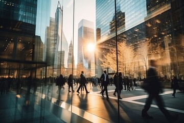 Motion blur photo of business people walking down a busy city street surrounded by towering skyscrapers created with Generative AI technology