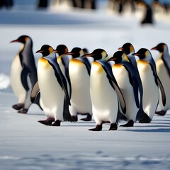 A colony of penguins waddling in a conga line on an icy dance floor, wearing festive hats1 - obrazy, fototapety, plakaty