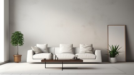 Minimalist living room featuring a white modern sofa, dark coffee table, and potted plants against a light textured wall.