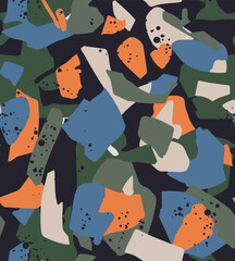Abstract grunge camouflage, seamless texture, children's or hunting green camouflage clothing. Splashes. Camouflage wallpaper for textiles and fabrics. Fashion camouflage style.