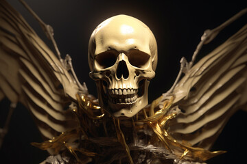 Fantasy, culture and religious concept. Spooky looking skeleton with angel wings portrait. Generative AI - obrazy, fototapety, plakaty