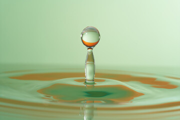 Group of colorful water droplets fall and bounce on a water surface