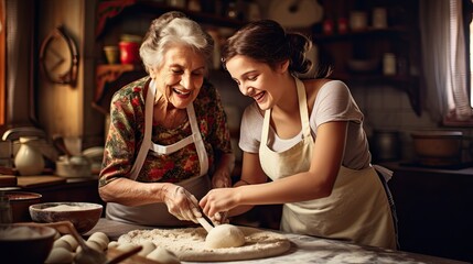 Happy grandmother kneading dough with daughter-in-law in the kitchen