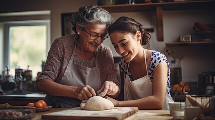 Happy grandmother kneading dough with daughter-in-law in the kitchen - obrazy, fototapety, plakaty