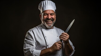 Image of smiling American chef looking at camera on dark gray background.