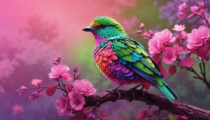 a colorful bird perched on a branch of a tree with purple flowers in the background and a green sky in the foreground with a pink and green background. generative ai