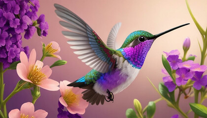 A beautiful little bird hummingbird flies in the spring in blooming flowers. Generative AI