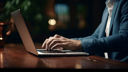 A person typing on a laptop. Medium shot of a man typing on a laptop. Generative Ai