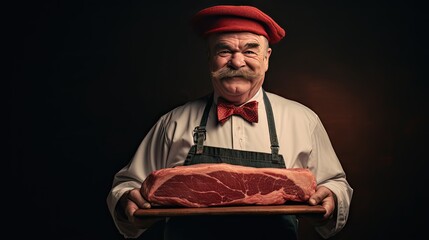 Studio shot, smiling face looking at camera. of a mustachioed butcher holding an appropriately sized block of Japanese Wagyu beef - obrazy, fototapety, plakaty