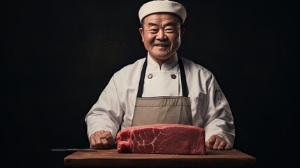 Studio shot, smiling face looking at camera. of a mustachioed butcher holding an appropriately sized block of Japanese Wagyu beef - obrazy, fototapety, plakaty