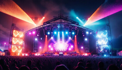 Fototapeta na wymiar A music festival with a brightly lit stage.AI generativ