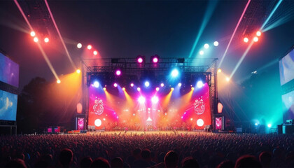A music festival with a brightly lit stage.AI generativ