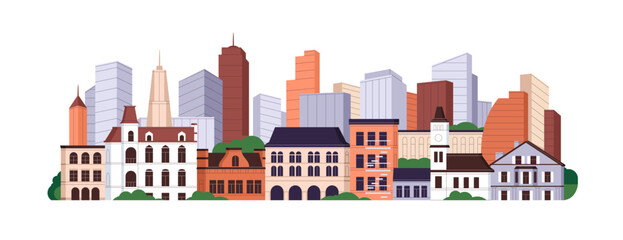 Modern cityscape. Old and modern buildings, urban houses. City real estate, architecture. High multistory and low small constructions. Flat graphic vector illustration isolated on white background